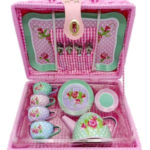 Girl's Tea Party Play Shabby Chic  19 pc Tin Tea Set w  Pink Case New